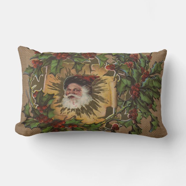 Kerstman Vintage Antiek Kerstmis Hulst Kussen (Voorkant)