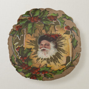 Kerstman Vintage Antiek Kerstmis Hulst Rond Kussen