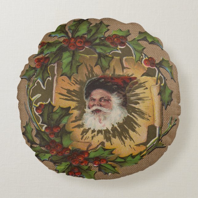 Kerstman Vintage Antiek Kerstmis Hulst Rond Kussen (Voorkant)