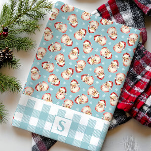 Kerstman Vintage Blauw Gingham Geborduurd Kerstfee Theedoek