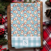 Kerstman Vintage Blauw Gingham Monogram Kerstmis Theedoek