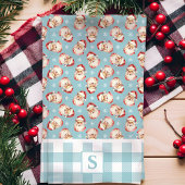 Kerstman Vintage Blauw Gingham Monogram Kerstmis Theedoek