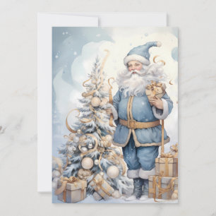 Kerstman Vintage Blauw Goud Feestdagenkaart