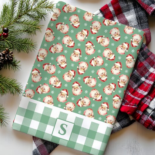Kerstman Vintage Groen Gingham Monogram Kerstmis Theedoek