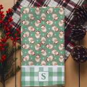 Kerstman Vintage Groen Gingham Monogram Kerstmis Theedoek