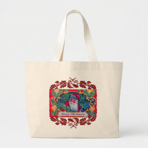 KERSTMAN VINTAGE, KERSTCADEAUS, RODE WINTERBLOEM GROTE TOTE BAG