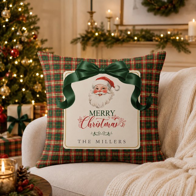 Kerstman Vintage Preppy Kerst Plaid Kerstmis Kussen (Vintage Santa Preppy Plaid Merry Christmas Throw Pillow)