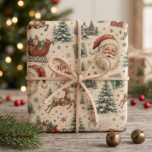 Kerstman Vintage Retro Noordpool Rendieren & Postz Inpakpapier Vel
