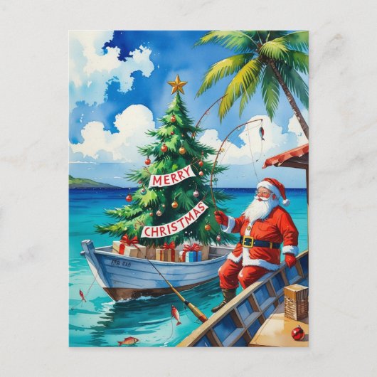 Kerstman vist op kerstdag feestdagenkaart (Voorkant)