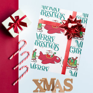 Kerstman vliegt in een vliegtuig, slee en cadeaus, cadeaupapier
