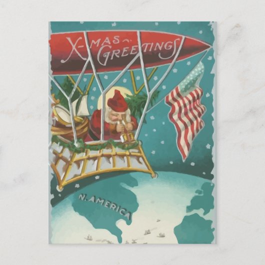 Kerstman vliegt over Amerikaans Briefkaart (Voorkant)