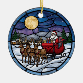 Kerstman vliegt over besneeuwd dorp keramisch ornament