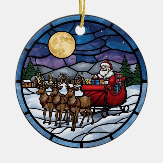Kerstman vliegt over besneeuwd dorp keramisch ornament (Voorkant)
