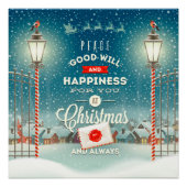 Kerstman vliegt over besneeuwd dorp Kerstmis Poster (Voorkant)