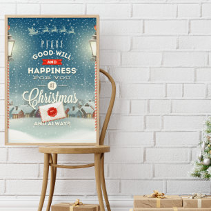 Kerstman vliegt over besneeuwd dorp Kerstmis Poster
