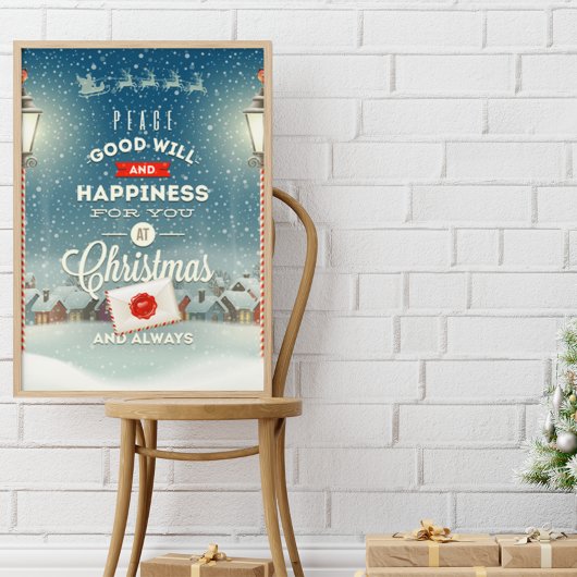 Kerstman vliegt over besneeuwd dorp Kerstmis Poster