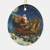 Kerstman vliegt over besneeuwd dorp kerstversierin keramisch ornament (Links)