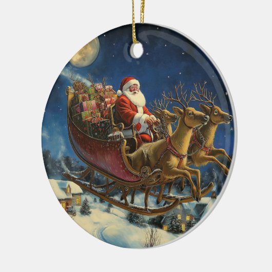 Kerstman vliegt over besneeuwd dorp kerstversierin keramisch ornament (Links)