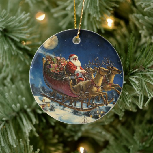 Kerstman vliegt over besneeuwd dorp kerstversierin keramisch ornament (Boom)