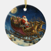 Kerstman vliegt over besneeuwd dorp kerstversierin keramisch ornament (Voorkant)