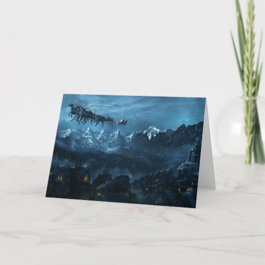  Kerstman vliegt over het dorp Feestdagen Kaart (Voorkant)