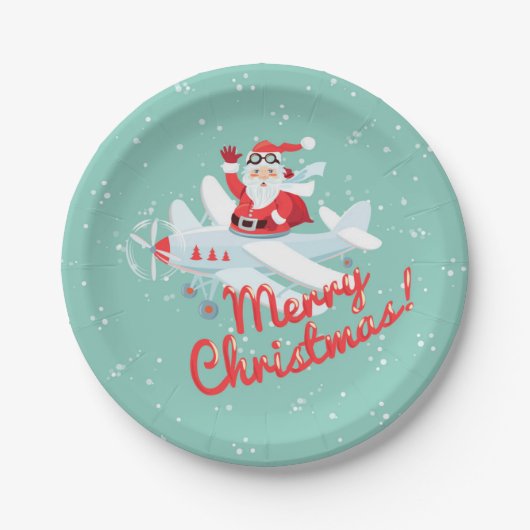  Kerstman, vliegtuig Merry Kerstmis Papieren Bordje (Voorkant)