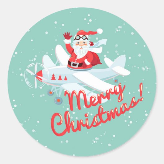  kerstman, vliegtuigje Vrolijk kerstfeest Ronde Sticker (Voorkant)