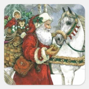  kerstman voedt zijn witte paard vierkante sticker