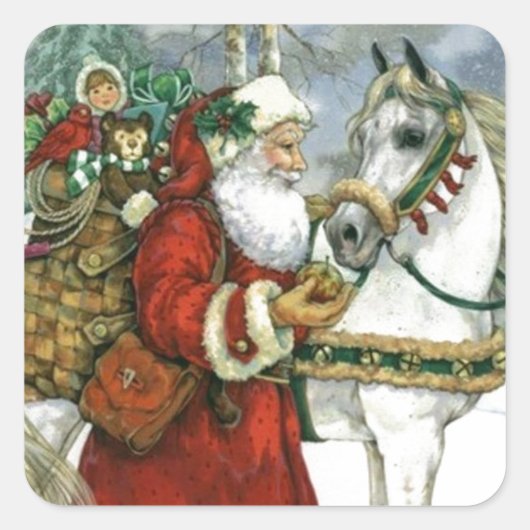 kerstman voedt zijn witte paard vierkante sticker (Voorkant)