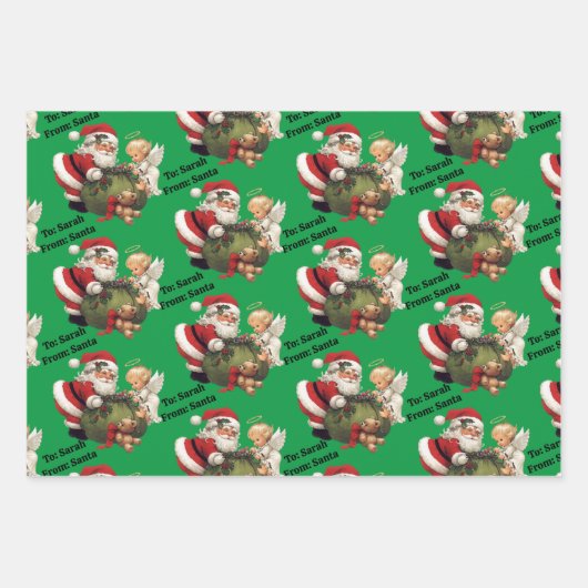 Kerstman Voeg kindernaam toe 3 Schattige Inpakpapier Vel (Voorkant)