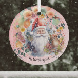 Kerstman Vogels en Bloemen op Lichtrood Naam Monog Glas Ornament<br><div class="desc">Dit ontwerp heeft een ouderwetse uitziende kerstman,  met een paar sneeuwvlokken,  die opgaat in een rand van prachtige bloemen. Op de voorgrond is een vogel met een bloemenkroon en enkele kleine vogelhuisjes te zien. Jouw naam of Kerstmis bericht verschijnt in script schrijven onder Santa.</div>