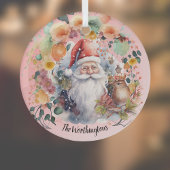 Kerstman Vogels en Bloemen op Lichtrood Naam Monog Glas Ornament