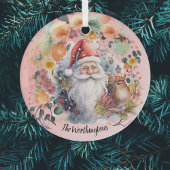 Kerstman Vogels en Bloemen op Lichtrood Naam Monog Glas Ornament