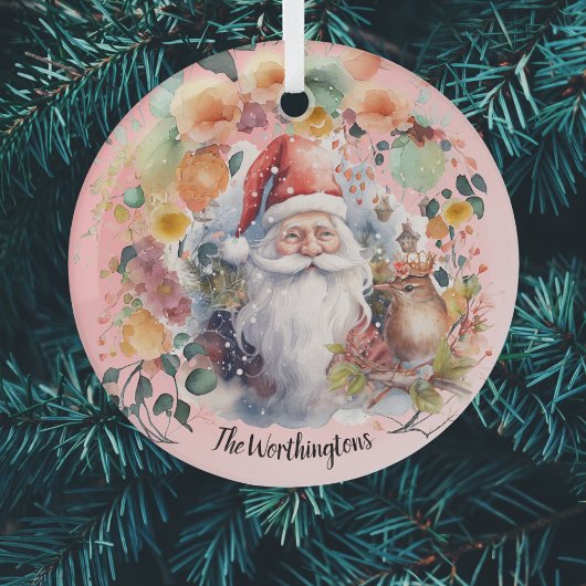 Kerstman Vogels en Bloemen op Lichtrood Naam Monog Glas Ornament
