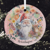 Kerstman Vogels en Bloemen op Lichtrood Naam Monog Glas Ornament