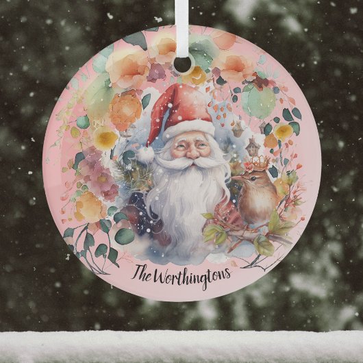 Kerstman Vogels en Bloemen op Lichtrood Naam Monog Glas Ornament