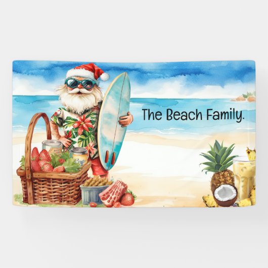 Kerstman voor Kerstmis in juli aan het strand Spandoek (Horizontaal)