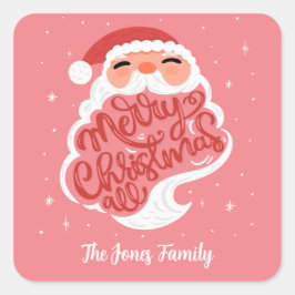 Kerstman, vrolijk kerstfeest, familienaam roze vierkante sticker