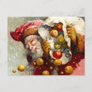 Kerstman w / zak appels Apple Antiek Feestdagenkaart