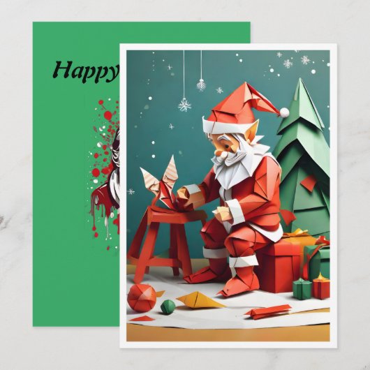 Kerstman werken in zijn winkel Origami stijl Feestdagenkaart (Voorkant / Achterkant)