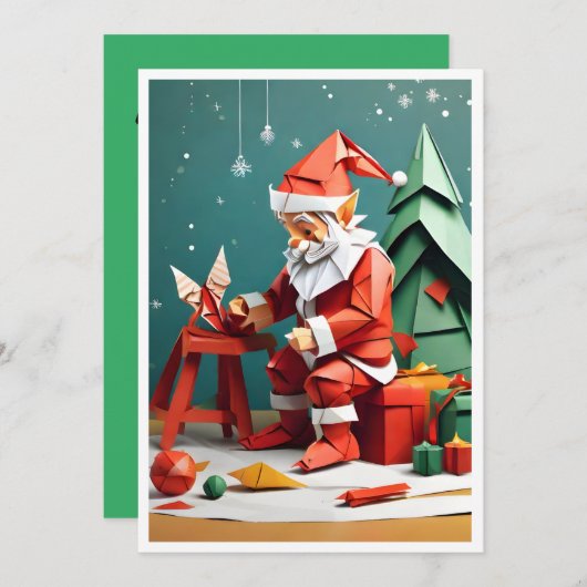Kerstman werkt in zijn winkel Origami-stijl Feestdagenkaart (Voorkant / Achterkant)