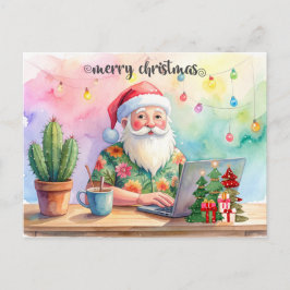 Kerstman werkt op de winkel tot de kerstvakantie feestdagenkaart