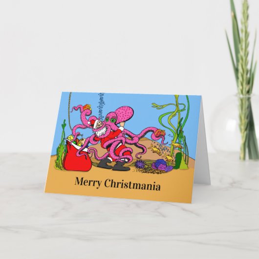 Kerstman worstelt met een octopus vrolijk christma kaart (Voorkant)