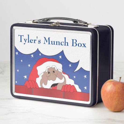 Kerstman zegt donkere tinten metalen lunchbox (In situ)