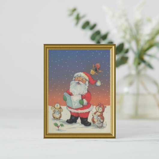 Kerstman, zingen kerstliederen met de dieren feestdagenkaart (Staand voorkant)