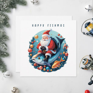 Kerstman zittend op een vis. feestdagenkaart
