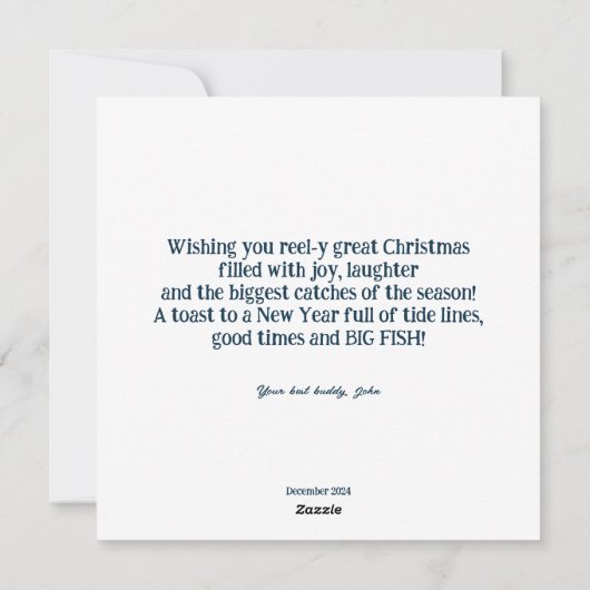 Kerstman zittend op een vis. feestdagenkaart (Achterkant)