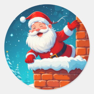 Kerstman zwaait vrolijk in schoorsteen ronde sticker
