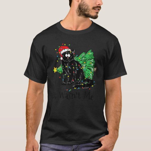 Kerstman Zwart Kat Kerstboom Lichten Grappige Xmas T-shirt (Voorkant)