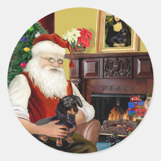Kerstman zwart / tan Dachshund (#16) Ronde Sticker (Voorkant)